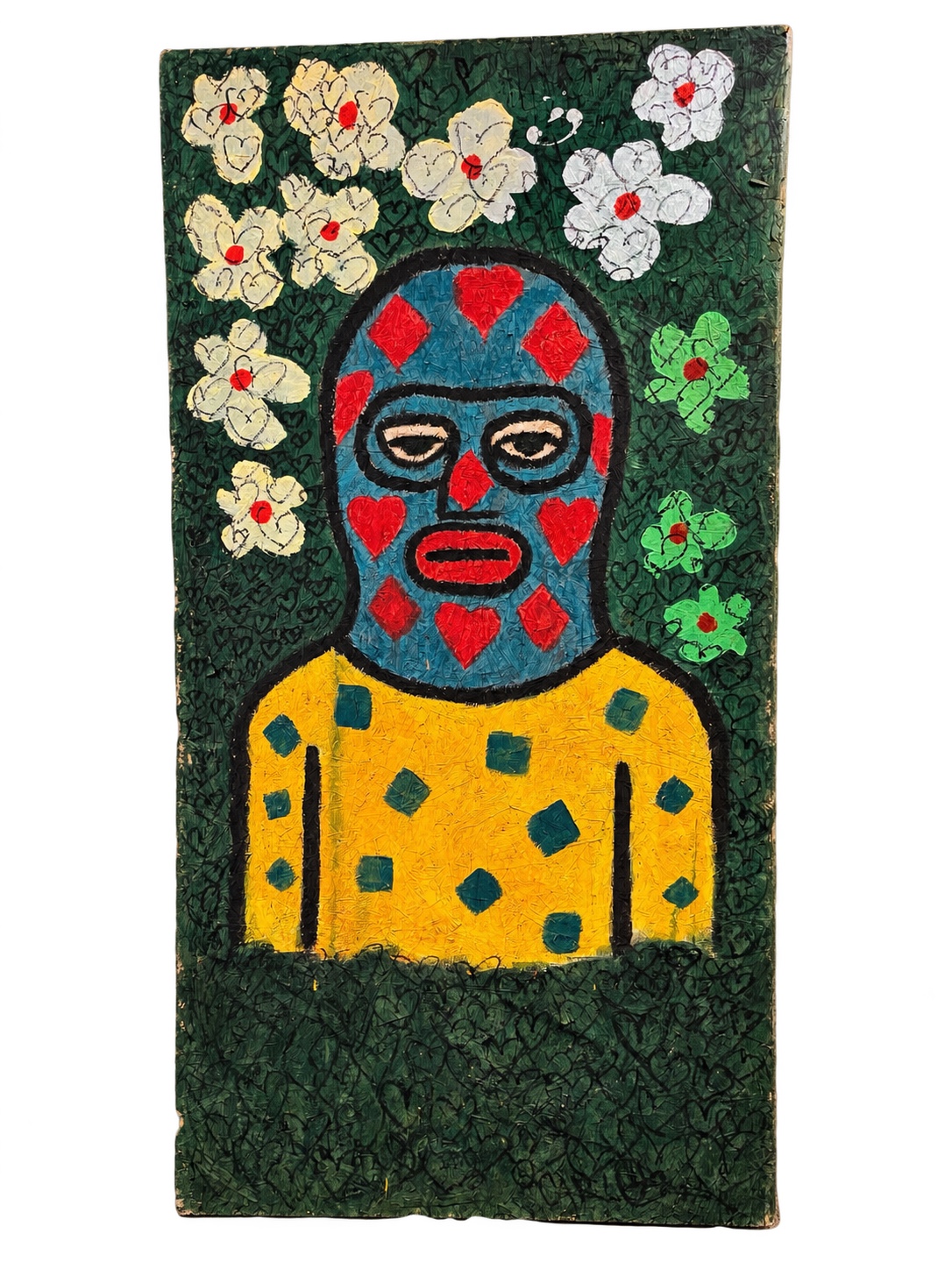 Masked figure in a yellow patterned shirt surrounded by pale flowers