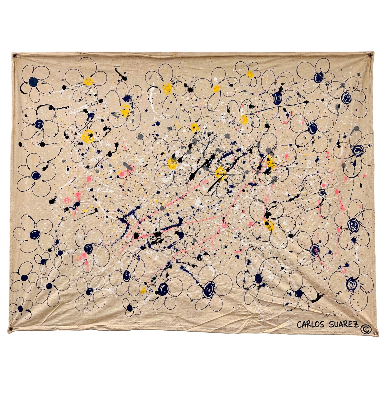 Large cream canvas filled with expressive navy flowers and gestural splashes of yellow, pink, gray and black by Carlos Suarez