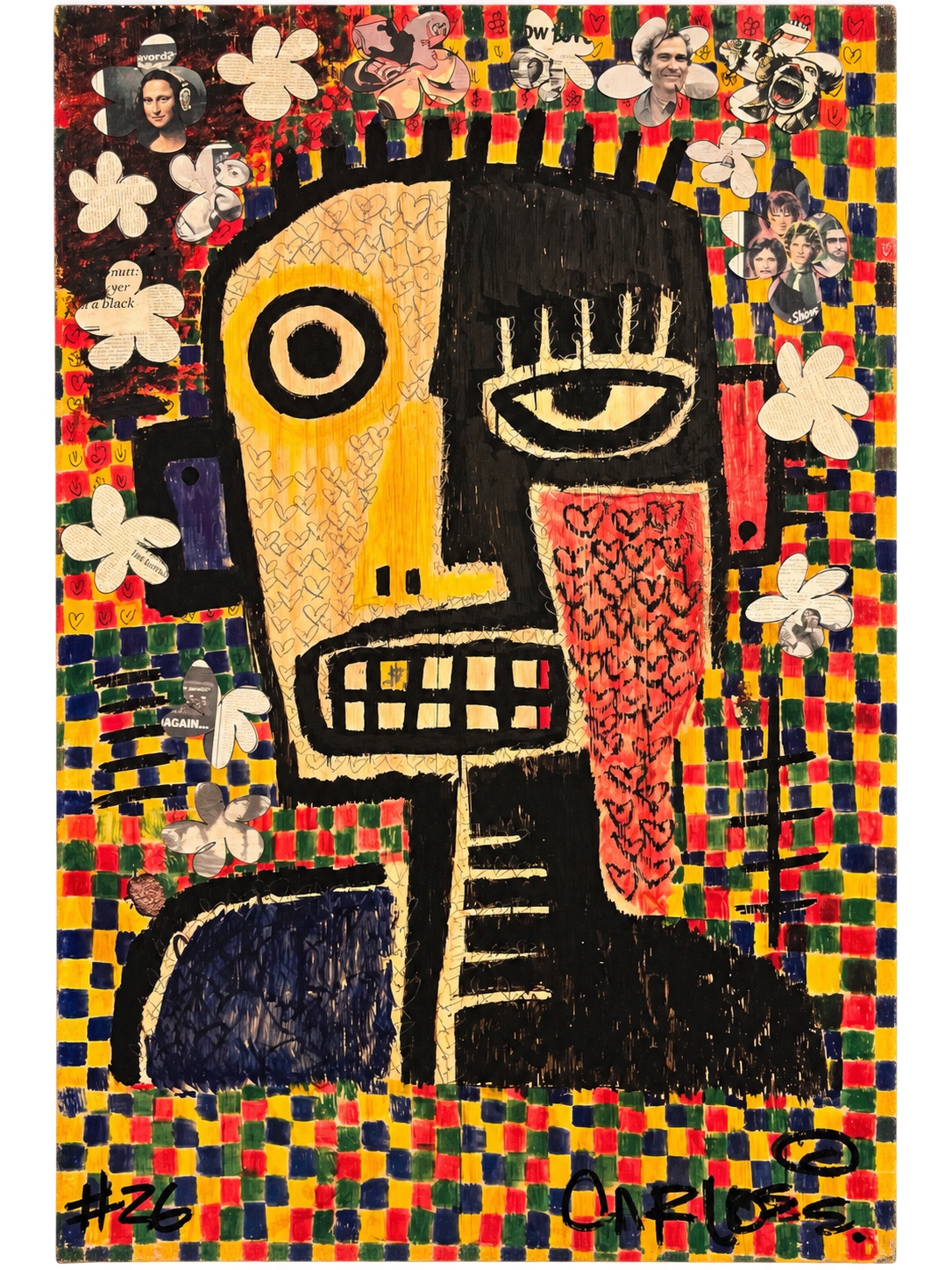 Graphic split-face portrait surrounded by collage, flowers and a colorful painted border