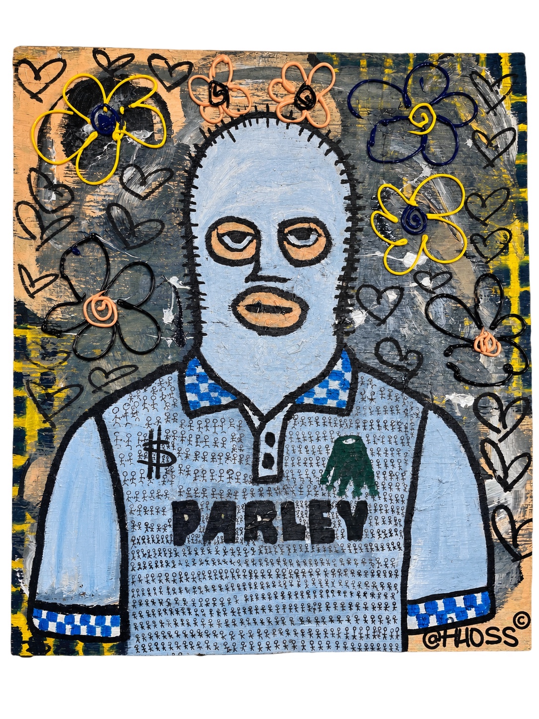 Masked figure surrounded by sculptural flowers and hand-painted symbols