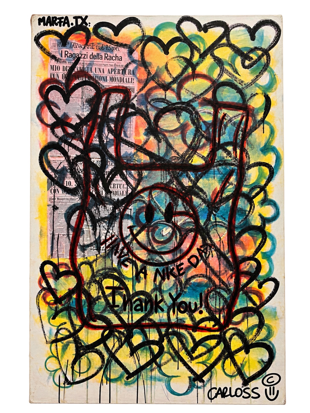 Colorful gestural painting with hearts, newspaper collage and the words Thank You