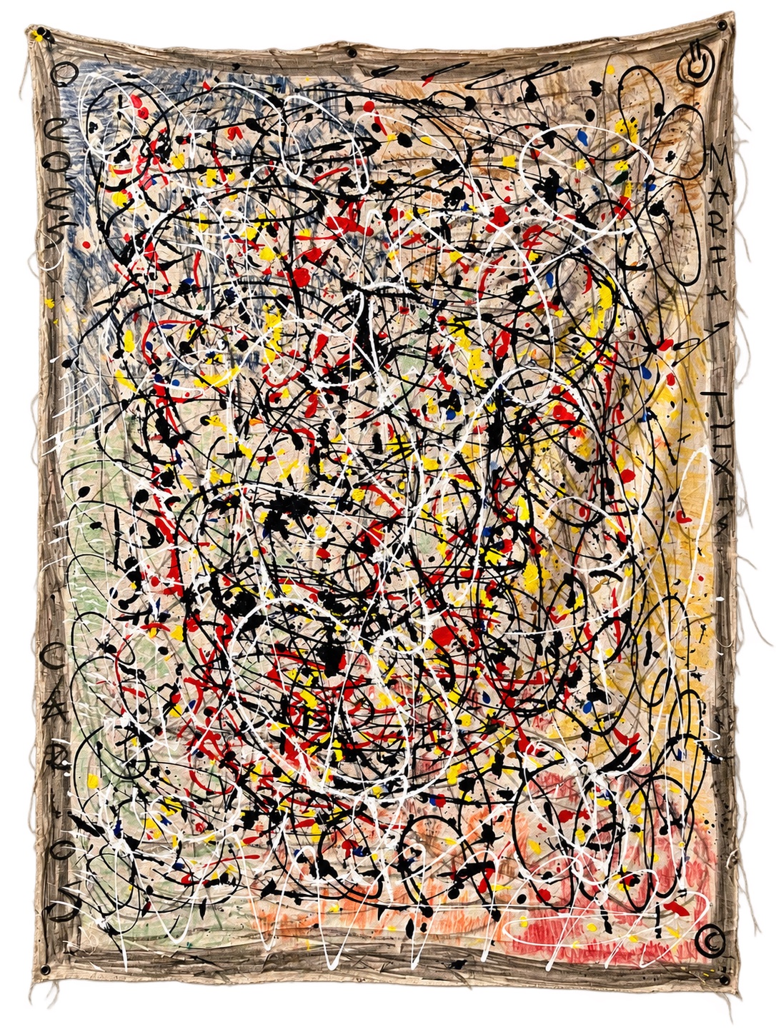Dense gestural abstract painting in black, white, red and yellow